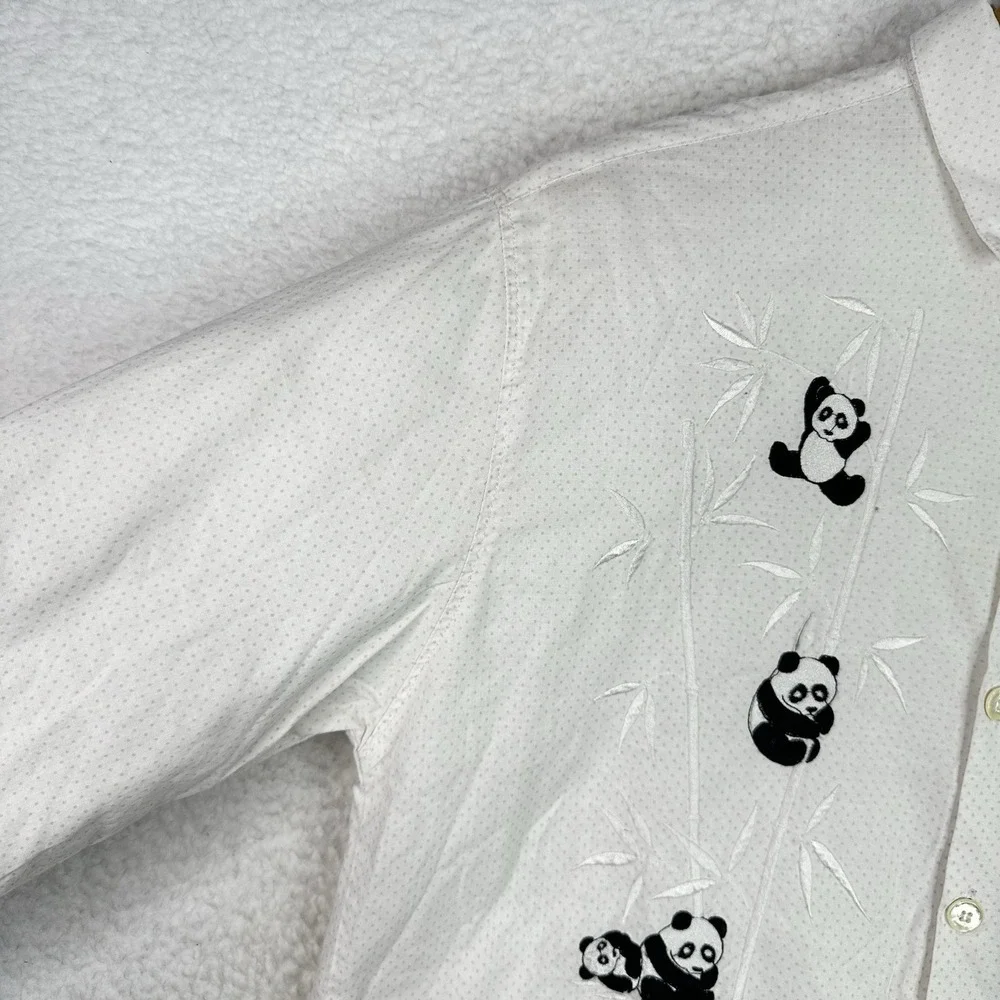 Vintage Panda Bamboo Embroidered Button Down Shirt White Mini Polka Dots Mens‎ M